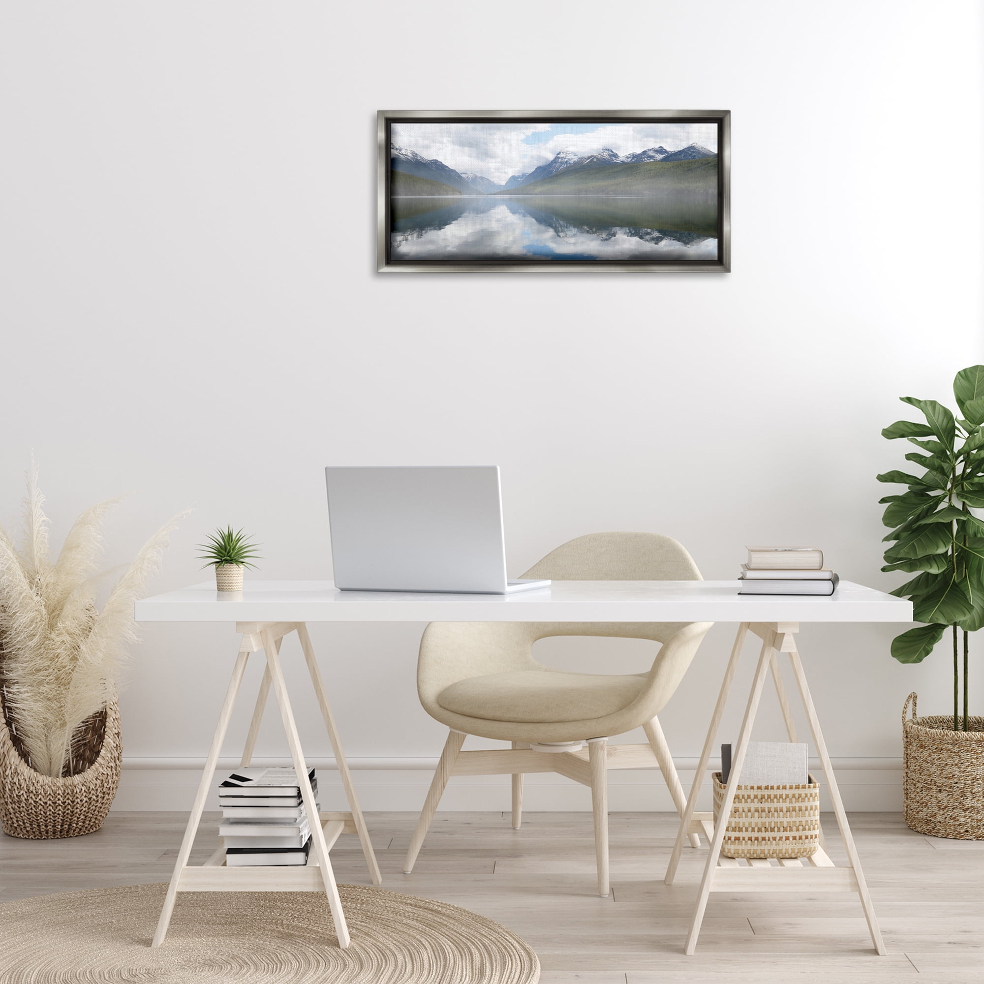 Stupell Industries Mountain Peak Reflections Landscape Photography Gray Floater Framed Art Print Wall Art, 31 x 14