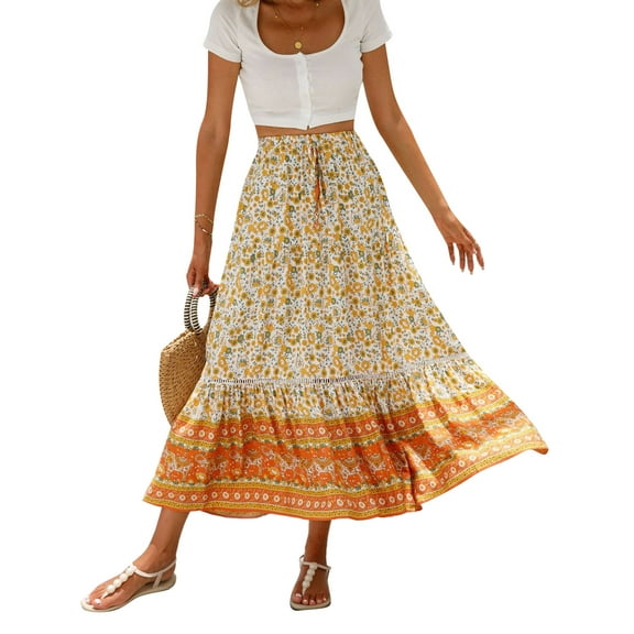 Michellecmm Women Long Skirt Elegant Elastic Waist Floral Flowy Summer Swing Skirt