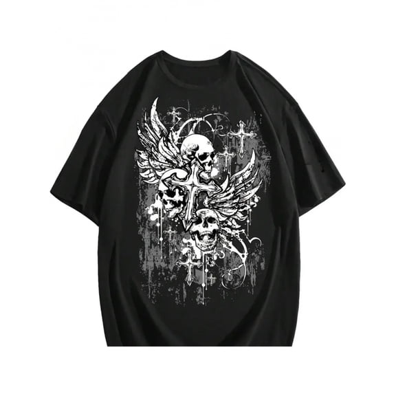 Men's Gothic Grunge Skull Cross Wings Graphic T-Shirt