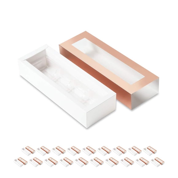BAKIPACK 20 cajas de trufas de oro rosa, cajas de chocolate, cajas de dulces con bandeja de plástico de 4 piezas (tamaño de bandeja con 5,75 x 2,75 pulgadas), embalaje extraíble con fundas transparent