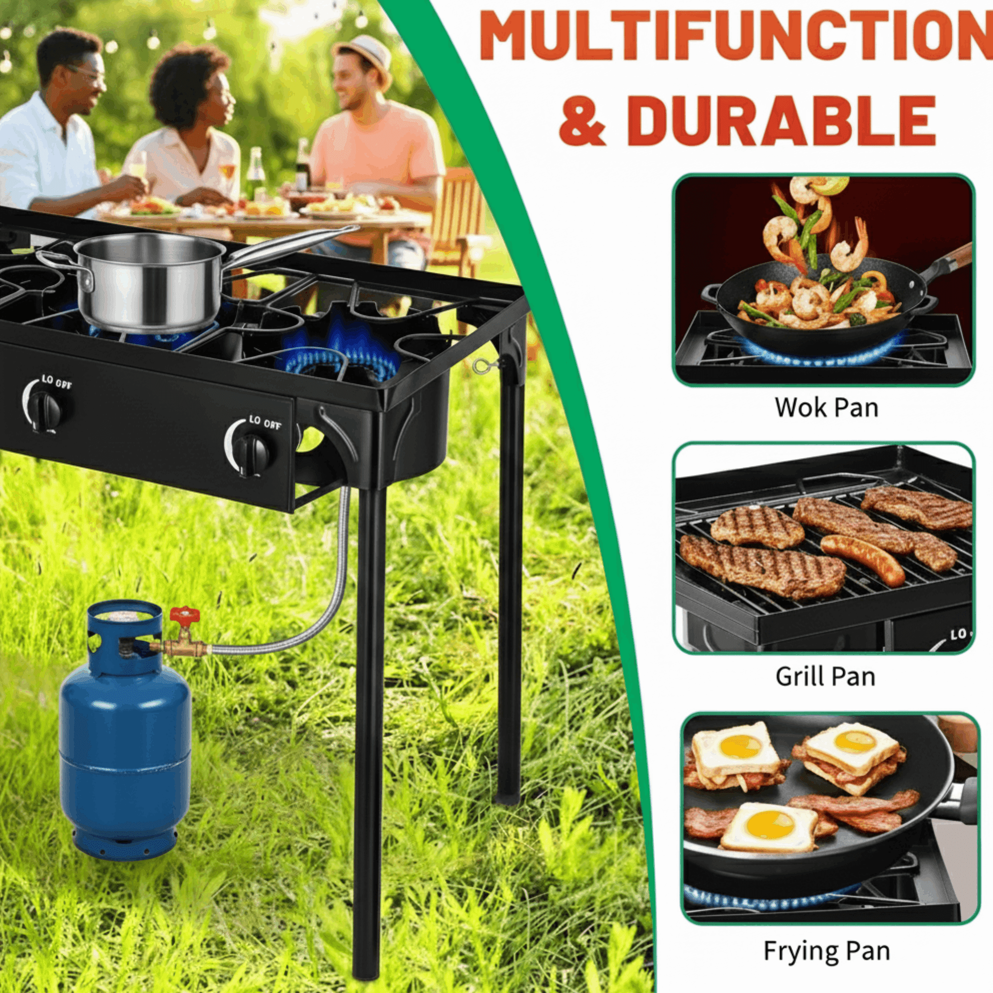 GVDV 3-Burner Propane Camping Stove, Gas Stove for Outdoor Cooking BBQ, 225,000 -BTU, 20 PSI Regulator, High Pressure, Heavy Duty, Black