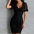 thumbnail image 2 of Morttic Women's Sexy Deep V-Neck Lace Trim Short Sleeve Bodycon Mini Dress – Solid Color Party & Vacation Outfit Black，L, 2 of 4