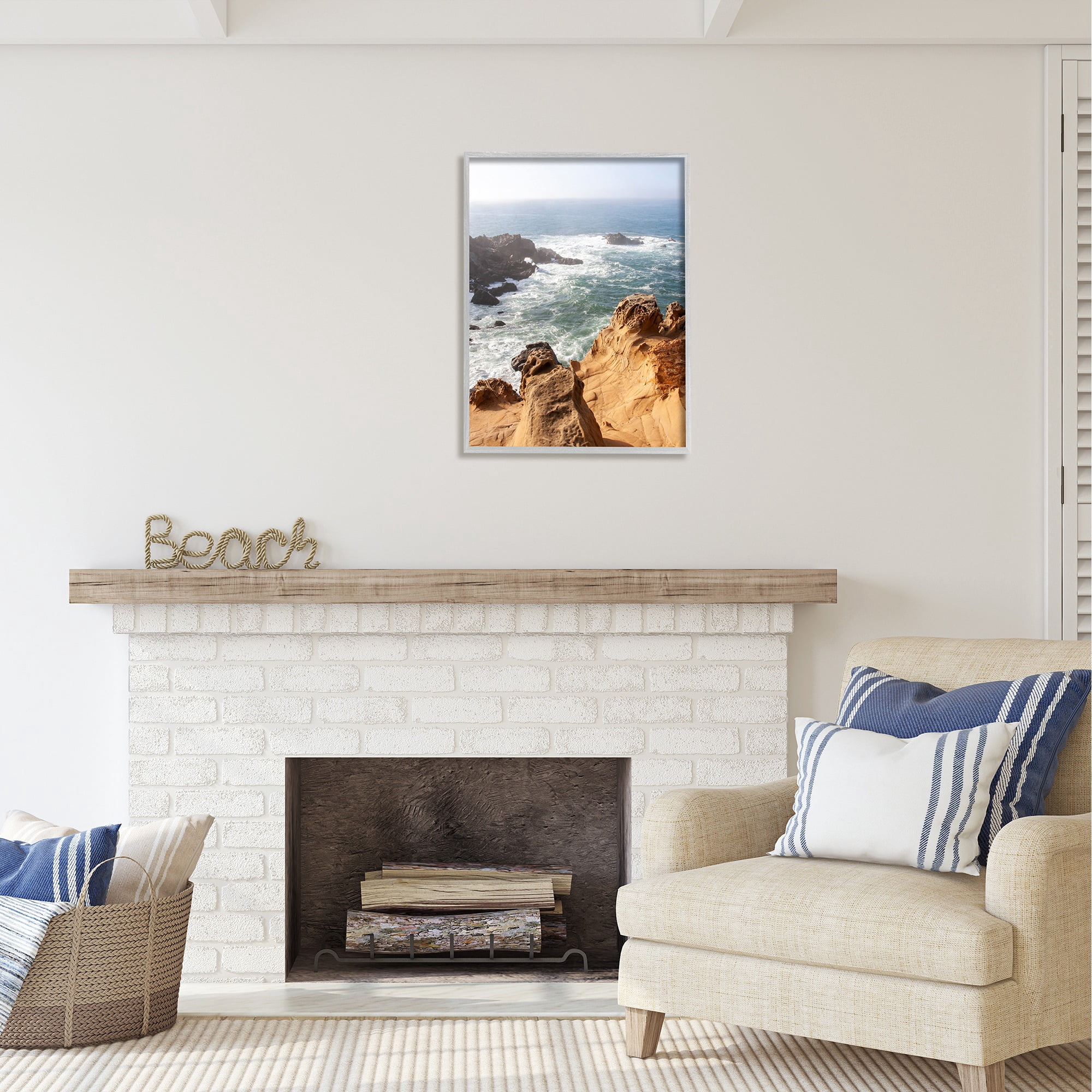 Stupell Industries Sea Cove Splashing Waves Landscape Photography Gray Framed Art Print Wall Art, 24 x 30