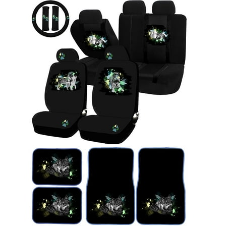 22PC mom & pup Wolf Pack Seat Covers & Protector wolf Carpet Floor Mats Set Car Truck SUV