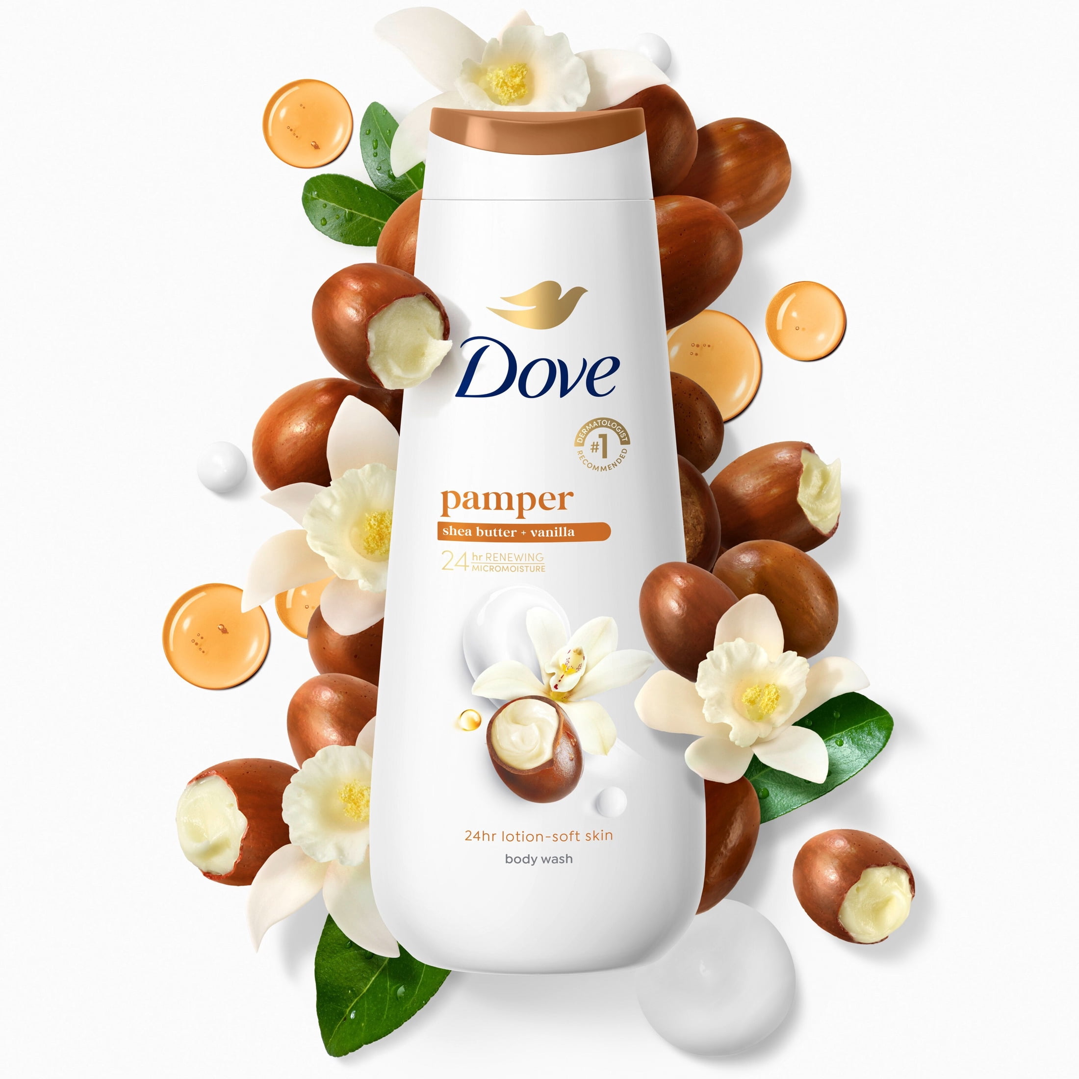 Dove Body Wash For 24hr Lotion-Soft Skin Pamper Shea Butter & Vanilla Moisturizing Skin Cleanser With No Sulfates No Parabens ,20 fl oz