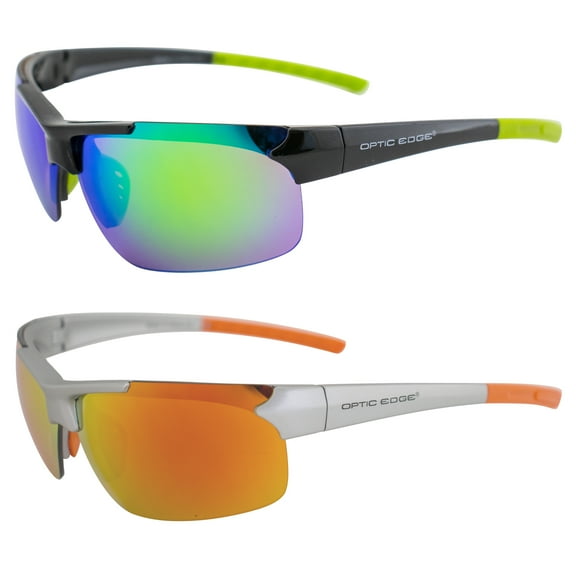Optic Edge Frontrunner Sports & Motorcycle Sunglasses for Men or Women Semi-Rimless Black Frame w/Green & Orange Mirror Lenses