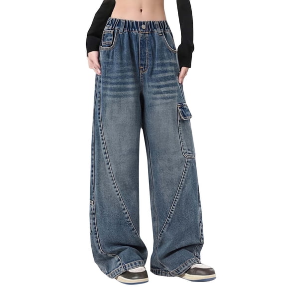 KVPLBQFD Baggy Jeans for Girls High Waisted Straight Pants Kids Fashion Grunge Wide Leg Trousers Teens Casual Loose Denim Pants Streetwear Clothes