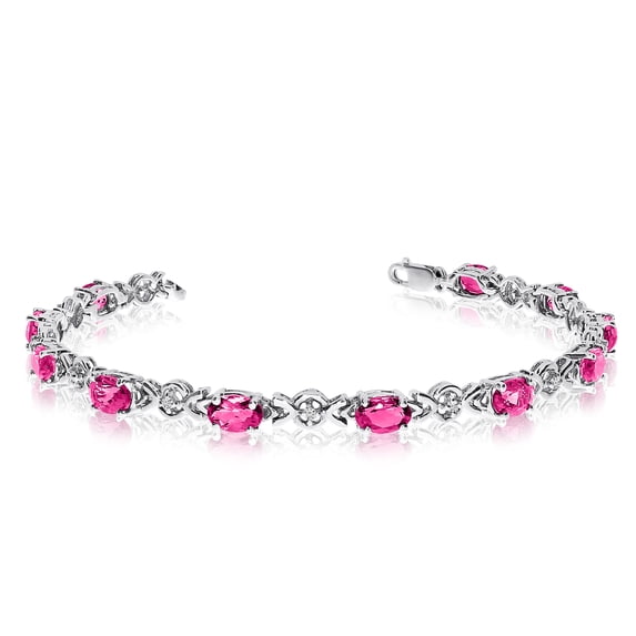 14K White Gold Oval Pink Topaz and Diamond Bracelet