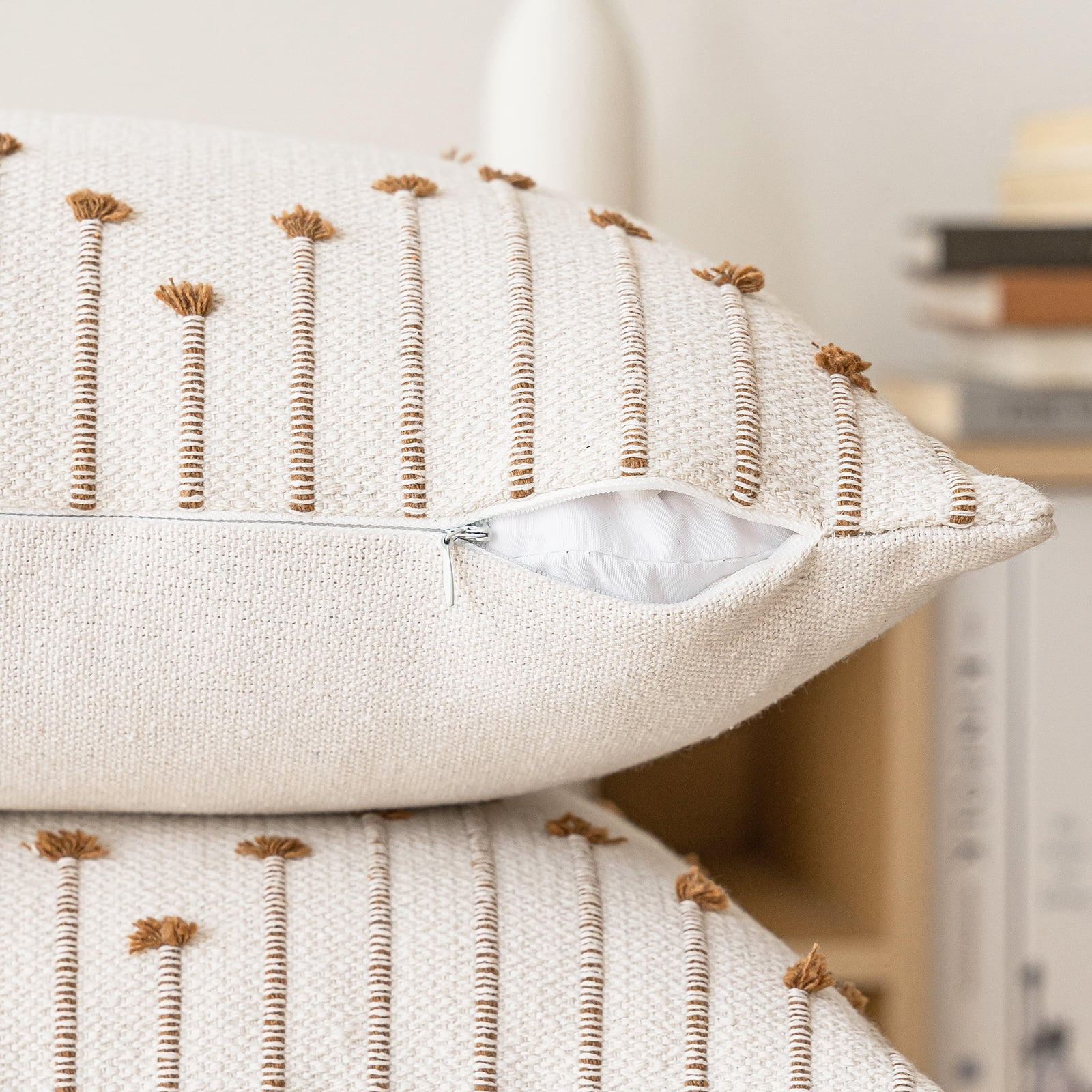 Skodaer Boho Decorative Throw Pillow Covers Beige and Brown Striped Pillow Case,18x18,2 Count