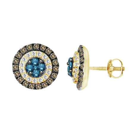 Gold Champagne Diamond Earrings - 10k Yellow Gold Circle Stud Earrings With Round Cut White, Blue & Champagne Natural Diamond
