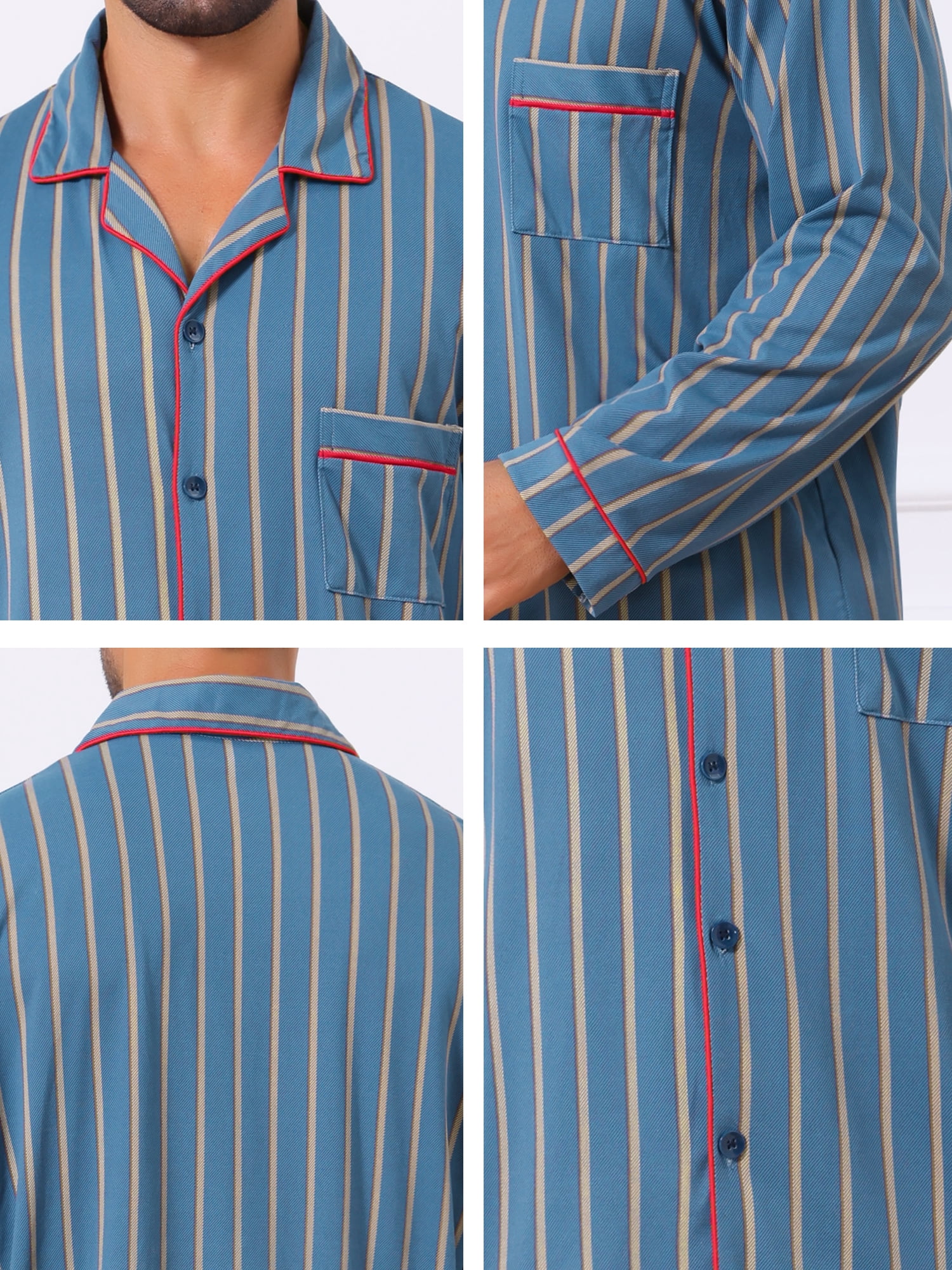 DARING DIVA Men's 2-Piece Long Sleeve Button Down Pocket Pajamas Set M Blue Khaki