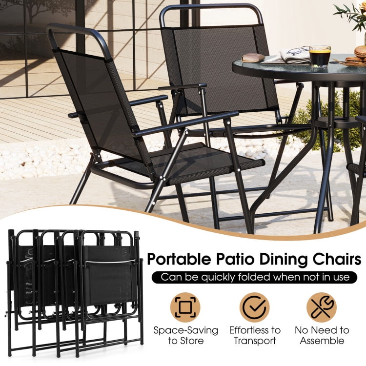 Kadyn All Weather Conversation Set, Dining Table Set, 6 Pieces Patio Dining Set Folding Chairs Glass Table Tilt Umbrella for Garden-Gray