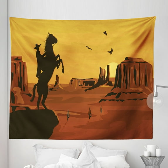 Western Tapestry, Cartoon Illustration of Wild West Scene Cowboy in Sunset, Fabric Wall Hanging Decor for Bedroom Living Room Dorm, 5 Sizes, Burnt Orange Dark Brown, by Ambesonne