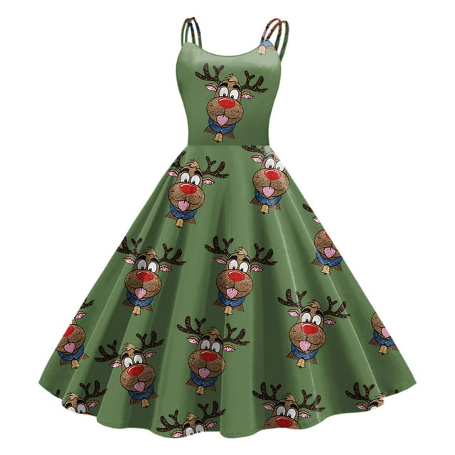 Robes de Fête de Noël pour Femmes Sans Manches Longueur Genou Rétro Ligne A Évasée Robe de Bal Formelle (Taille: m)