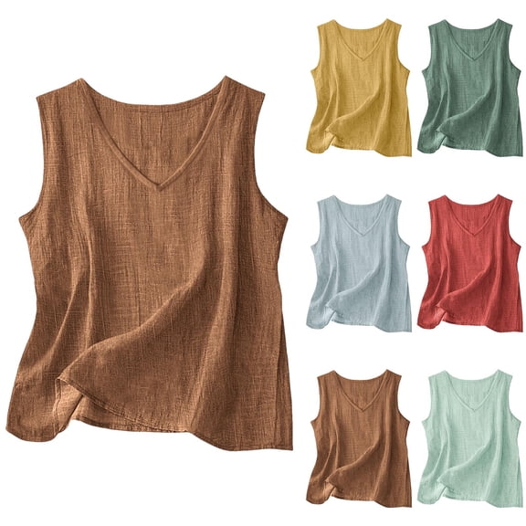 Lcziwo Sleeveless Cotton Linen Tank Tops for Women V Neck Summer Gauze Shirts Lightweight Loose Casual Blouses Red,XXXL