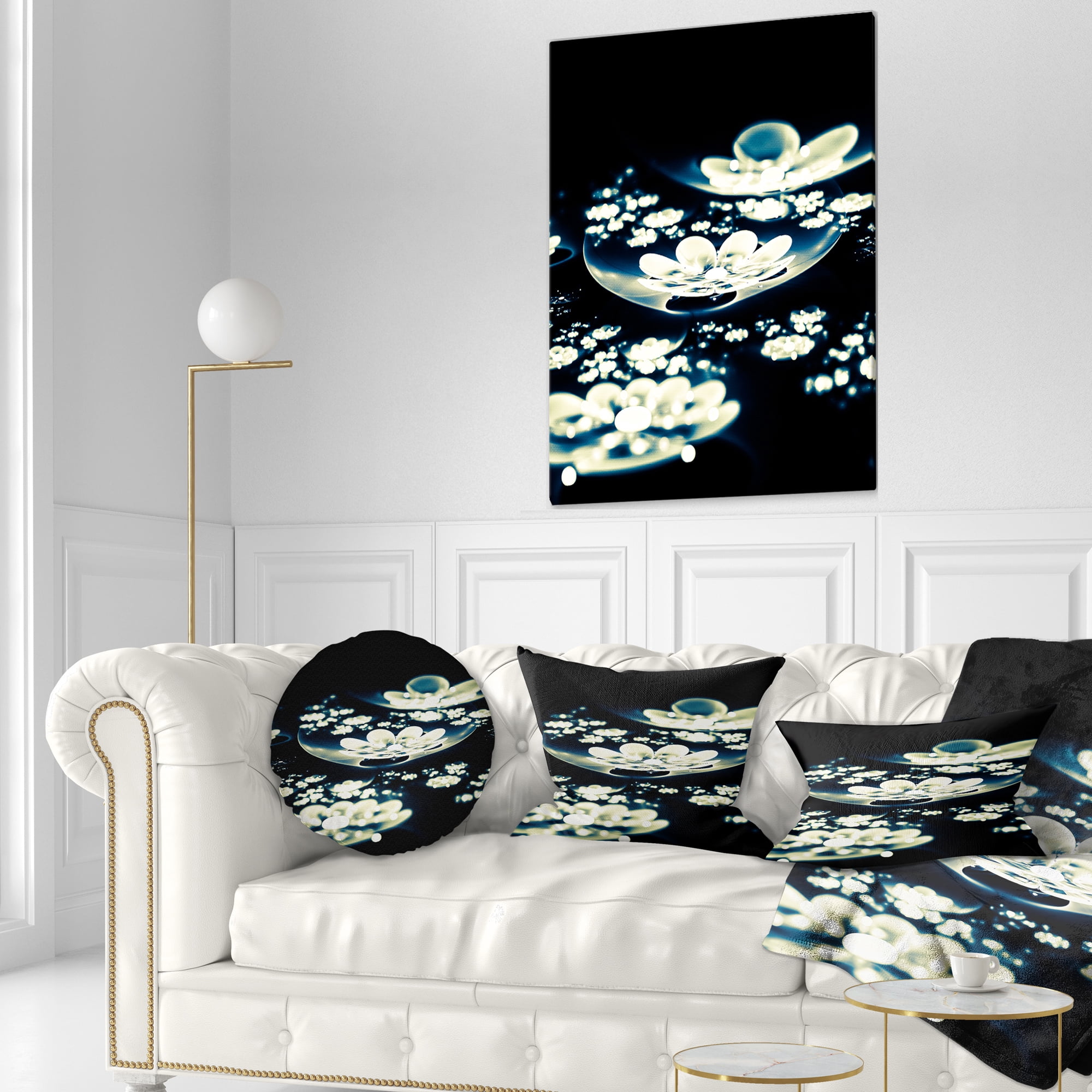 Designart Blue White Fractal Flowers in Dark - Floral Throw Pillow - 12x20