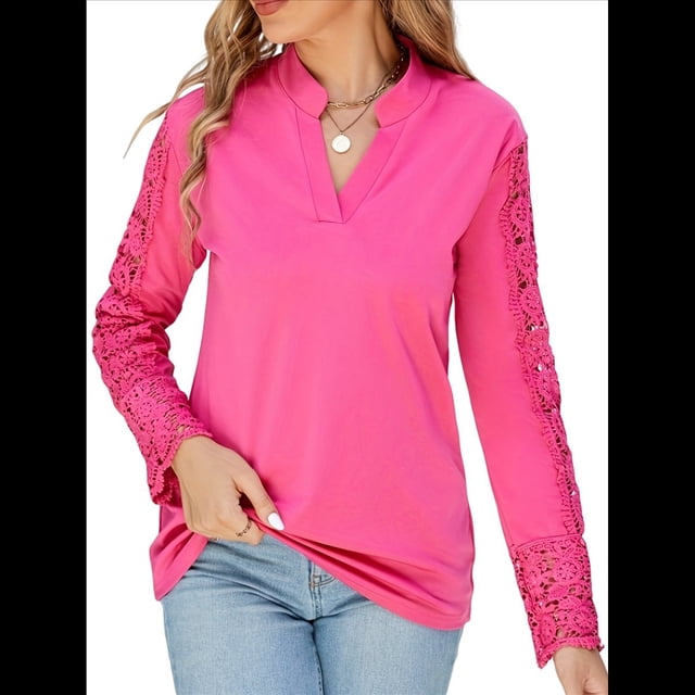 Blusa Elegante de Encaje con Cuello en V para Mujer, Larga, con Ojales, Estilo Floral para Fiestas. Rosa Roja L