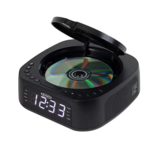 JENSEN JCR-375 Reloj despertador digital estéreo con reproductor de CD de carga superior, sintonizador FM, puerto de carga USB y batería de respaldo