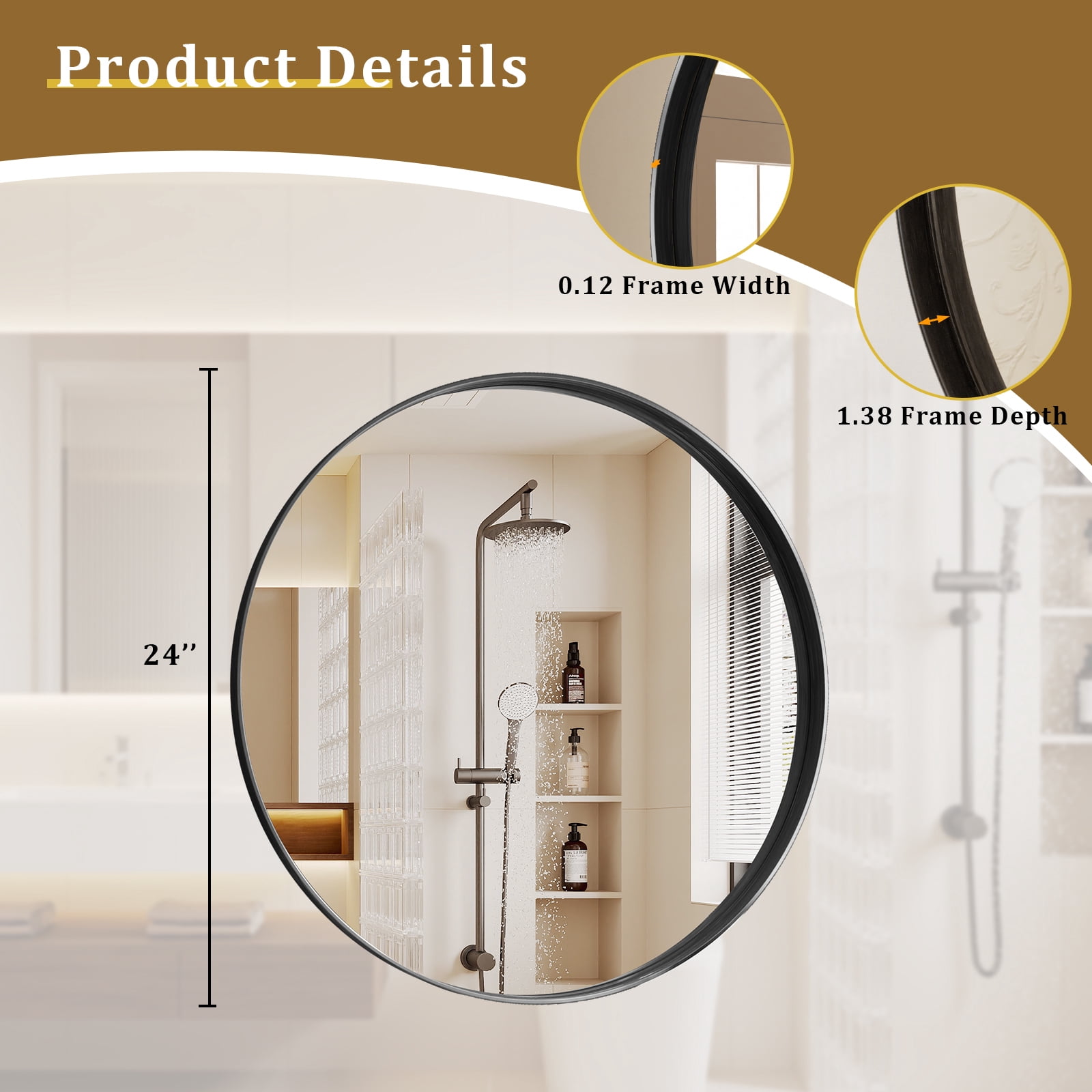 MISTORY 24"x24" Round Bathroom Mirror Wall Vanity Mirror with Deep Frame, Black