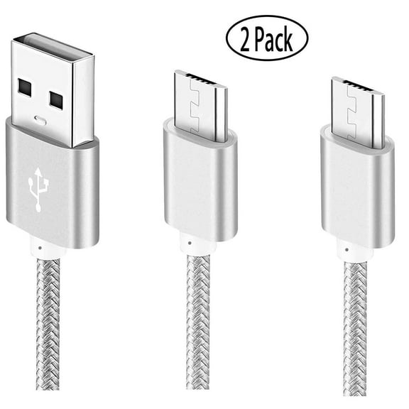 Micro USB Cable Android Charger, Durable Nylon-Braided Fast Sync&Charging Cord for Samsung, Kindle, HTC, Nexus, LG, Xbox, PS4, Smartphones & More - Silver (2-Pack 3FT)