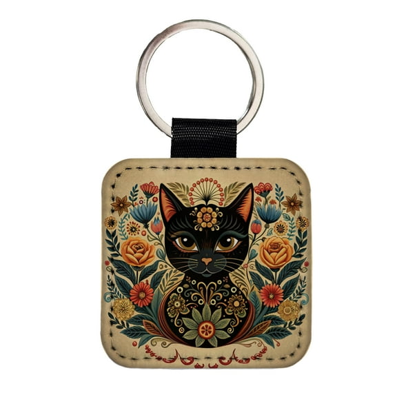 Stylized Black Cat Floral Design Faux Leather Square Keychain
