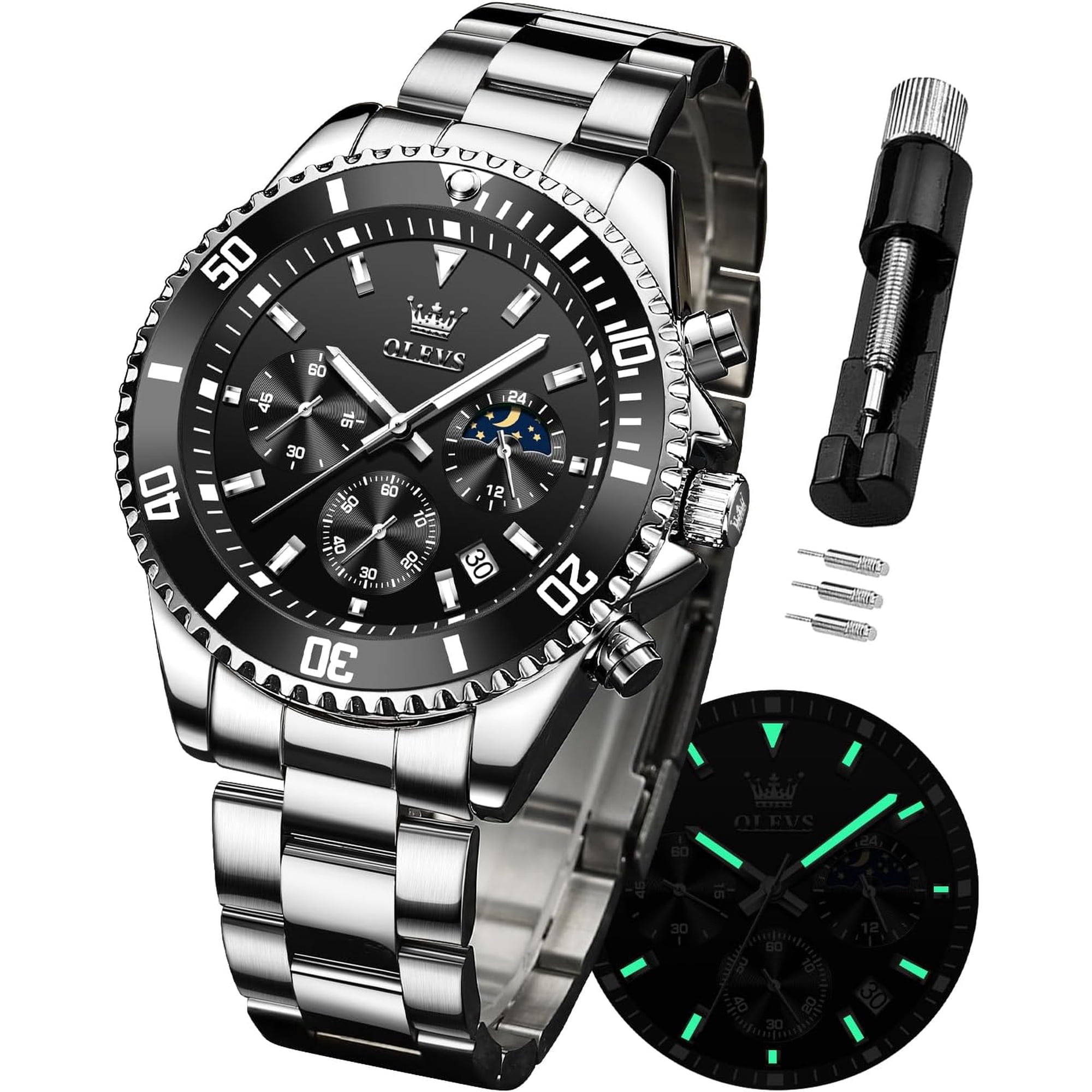 OLEVS Mens Watches Chronograph Luxury Dress Moon Phase Quartz Stainless Steel Waterproof Luminous Business Calendar Wrist Watch Black Dial
