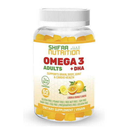 Vegan DHA & Omega 3 Gummy Vitamins for women & men by SHIFAA NUTRITION, Omega 3 Fish Oil Replacement, Omega 3 6 9 Brain Supplement, Immune Support Gummies with Vitamin C, Halal Vitamins 60