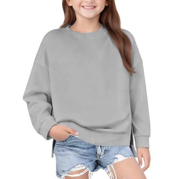EnJoCho Girls Crewneck Sweatshirt - Drop Shoulder Side Split Long Sleeve Oversized Pullover Top for Kids 5-14 Years Fall Back-to-School Casual Wear
