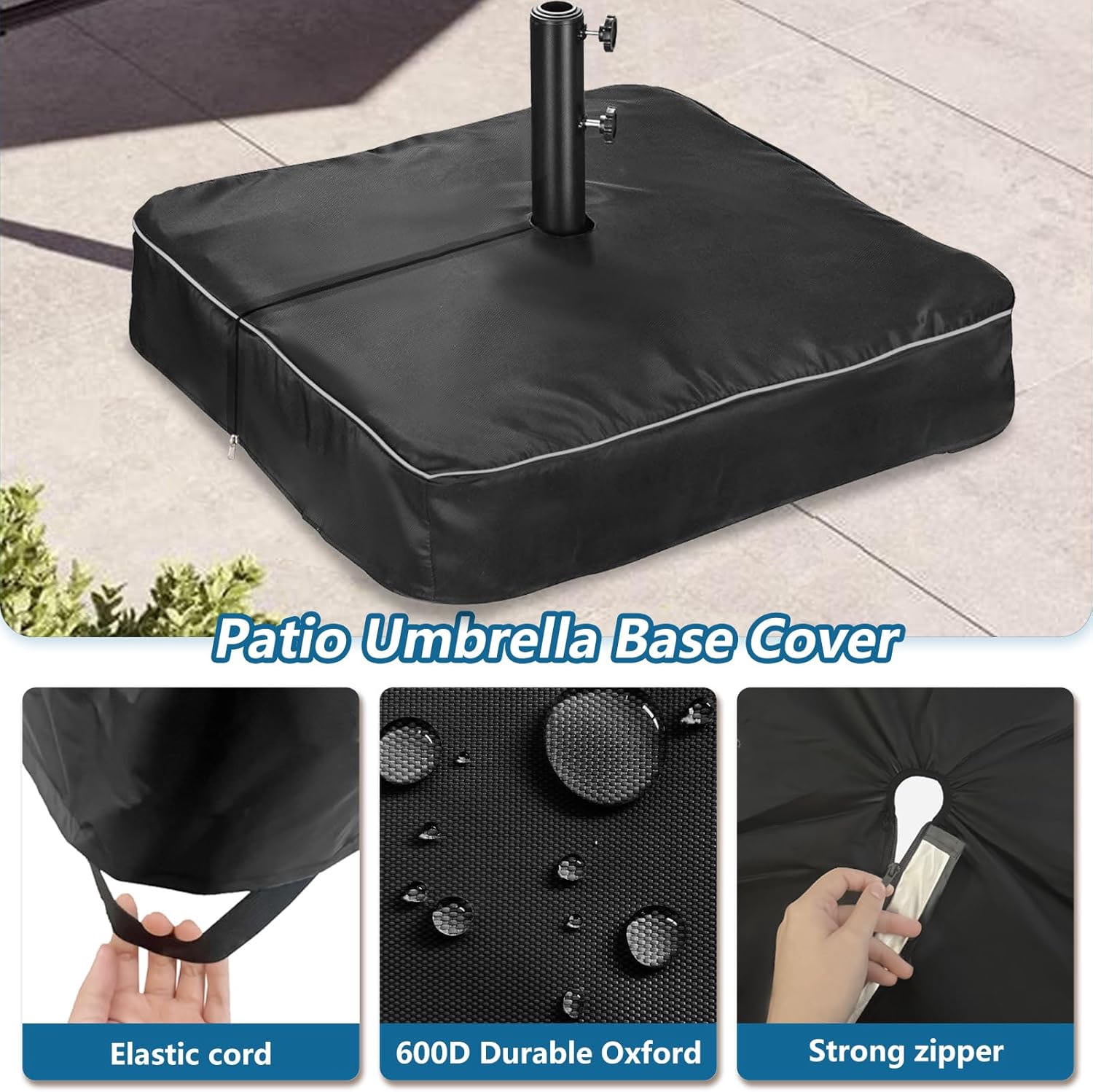 Patio Umbrella Base Cover, Heavy Duty Waterproof Anti-UV Outdoor Square Umbrella Stand Cover, Black