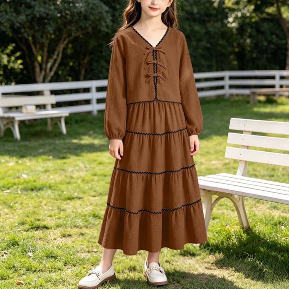 qelini Girls 2 Piece Set 8-15Years V Neck Long Sleeve Top with Bow and Pleated Skirt Elegant Outfit Solid Color 2 Piece Outfit Everyday Wear