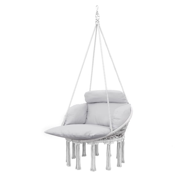 Hammock Swing Chair, Macrame Hanging Chair with Cushion, Gray - Indoor Outdoor Relaxing Chair, Steel Frame, 265 lbs Capacity