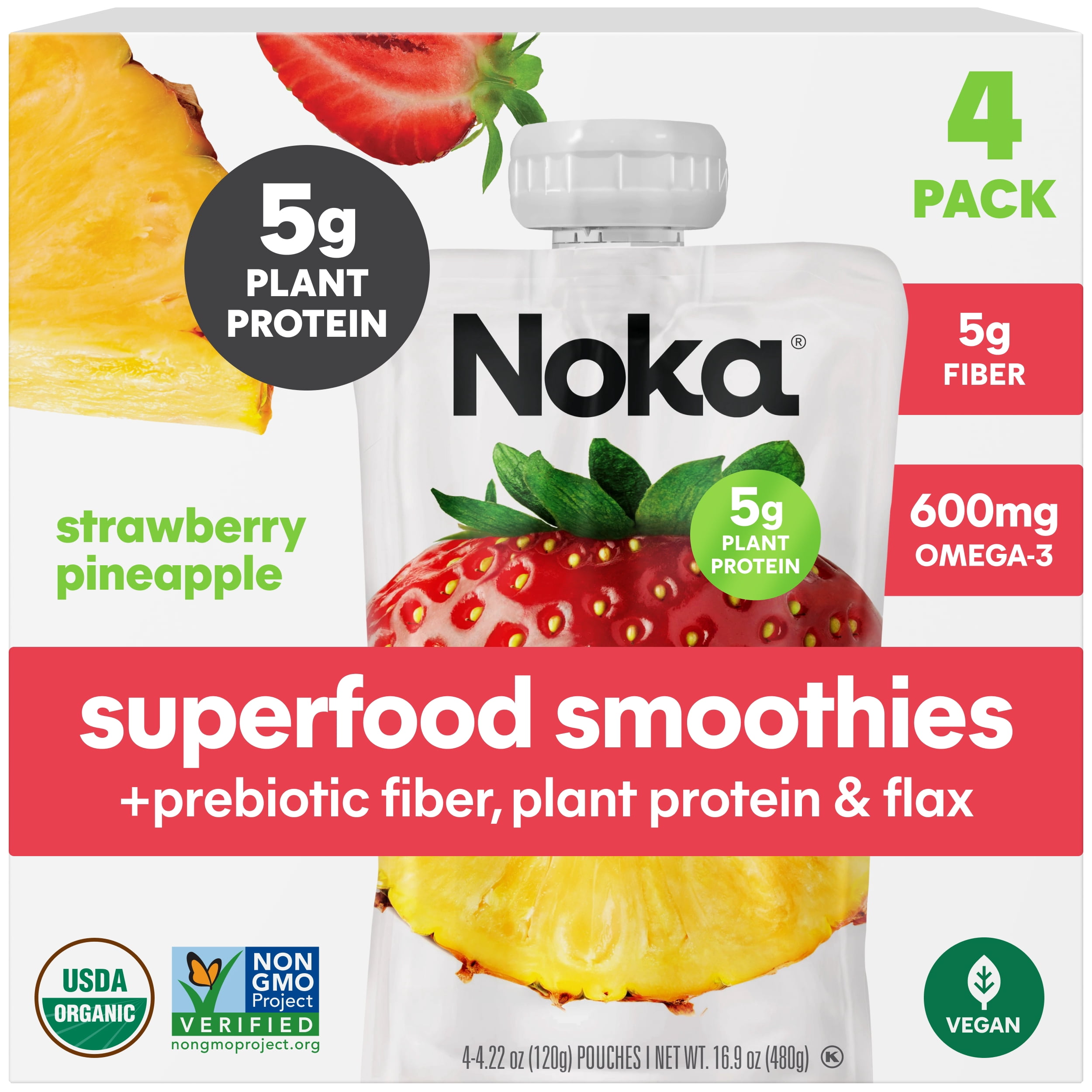 (3 pack) Noka Organic Superfood Smoothie Pouch, Plant Protein, Strawberry Pineapple, 4.22oz, 4 Pack