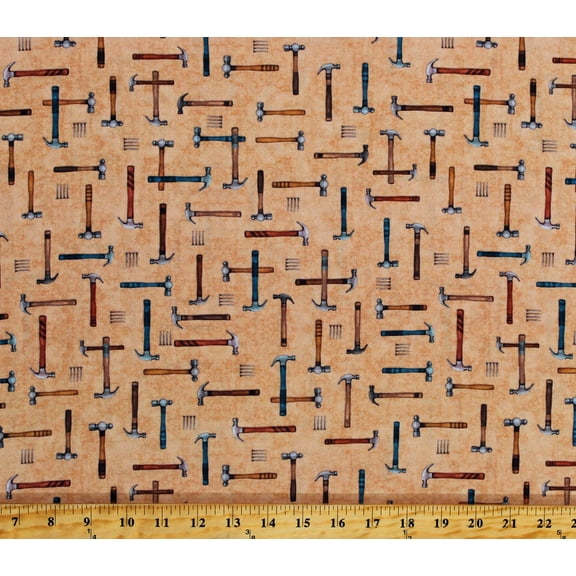 Cotton Hammers Nails Tools Builders Building Handyman A Little Handy Tan Cotton Fabric Print by the Yard (1649-28198-A)