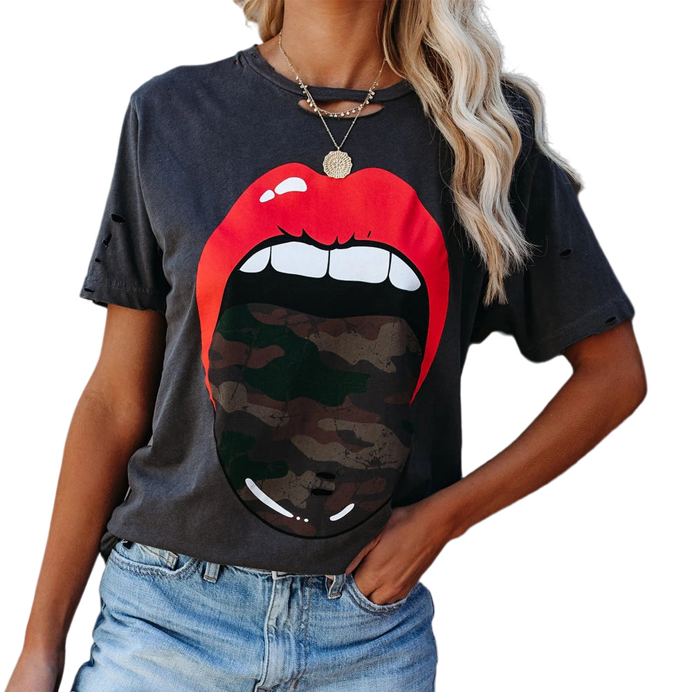 Camouflage Lip Printing Round Neck 