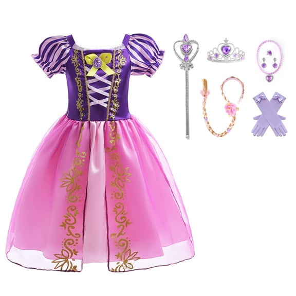 10Pcs Girls Dress Puff Sleeve Princess Costume with Accessories-Purple