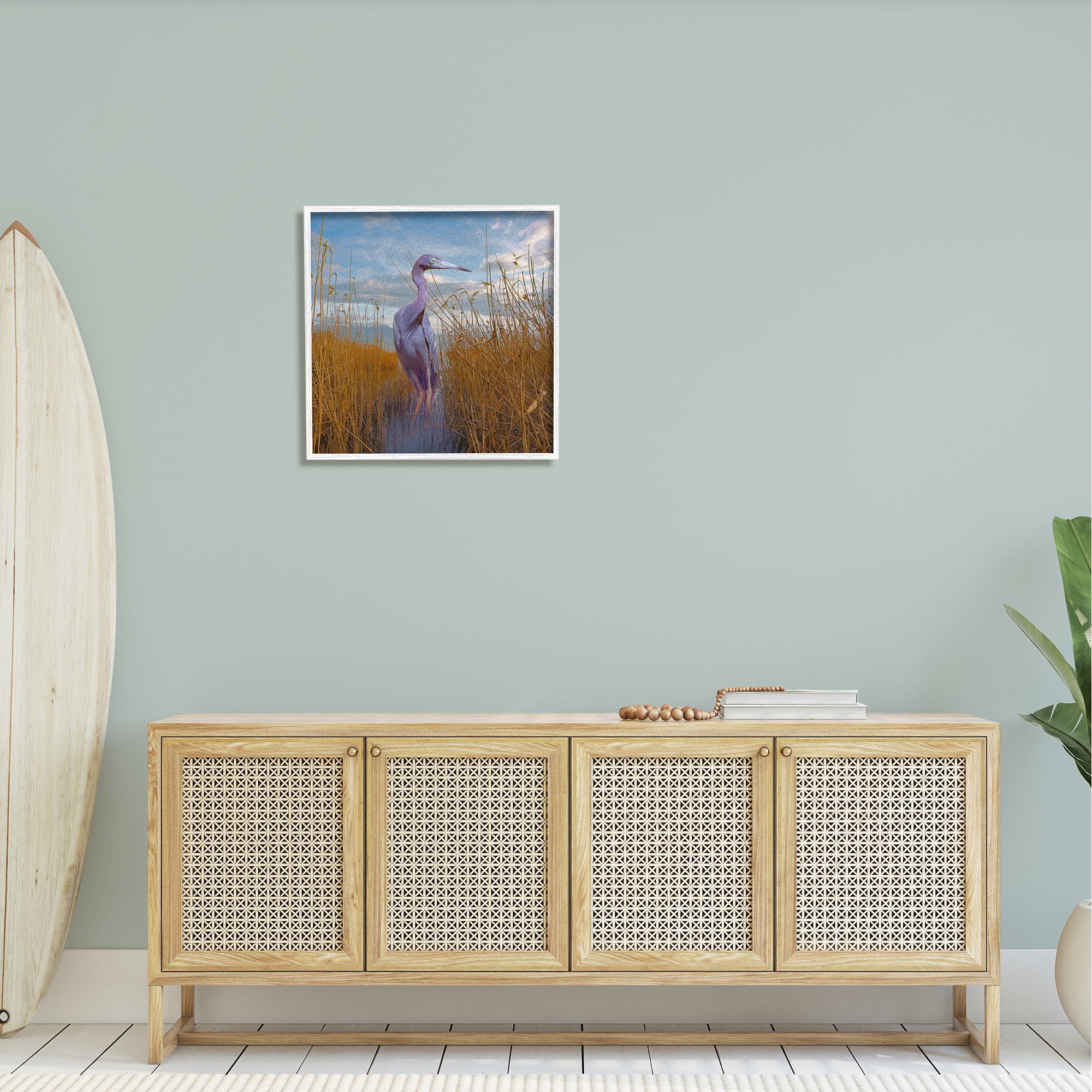 Stupell Egret Beach Reeds Coastal Grasses Landscape Painting White Framed Art Print Wall Art