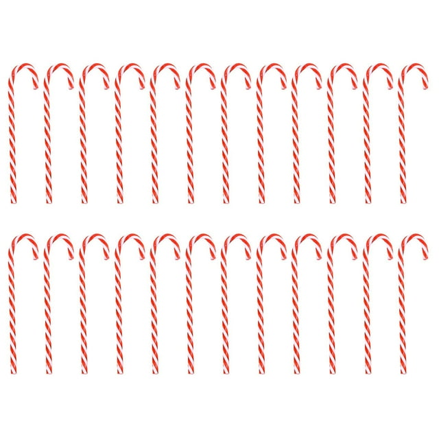 24 piezas de accesorios prácticos de decoración navideña con forma de bastón clásico (rojo y blanco) conjunto en dos filas de 24 bastones de caramelo acrílicos rojos y blancos con rayas diagonales y gancho curvo superior, tamaño aprox. 14.5x3x0.5 cm; ideales para colgar en árbol de Navidad, decorar fiestas y como detalle para niños.