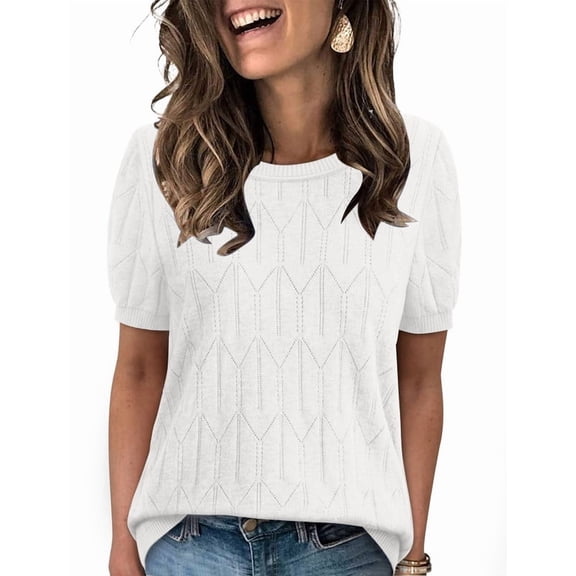 WIHOLL Short Sleeve Sweater for Women Round Neck Knit Work Tops Beach Fashion Vacation Clothes Summer Outfits 2026 White Tops