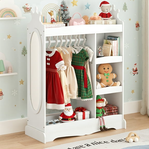 Curipeer Kids Dress up Storage with Mirror, Wood Armoire Wardrobe Closet, White