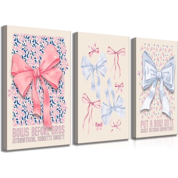 3 Pcs Trendy Bow Wall Art Fashion Coquette Preppy Pink and Blue Bow Aesthetic Picture Poster Wall Decor Canvas Print Artwork for Apartment Dormitory Girl Room Woman Bedroom Home Decoration