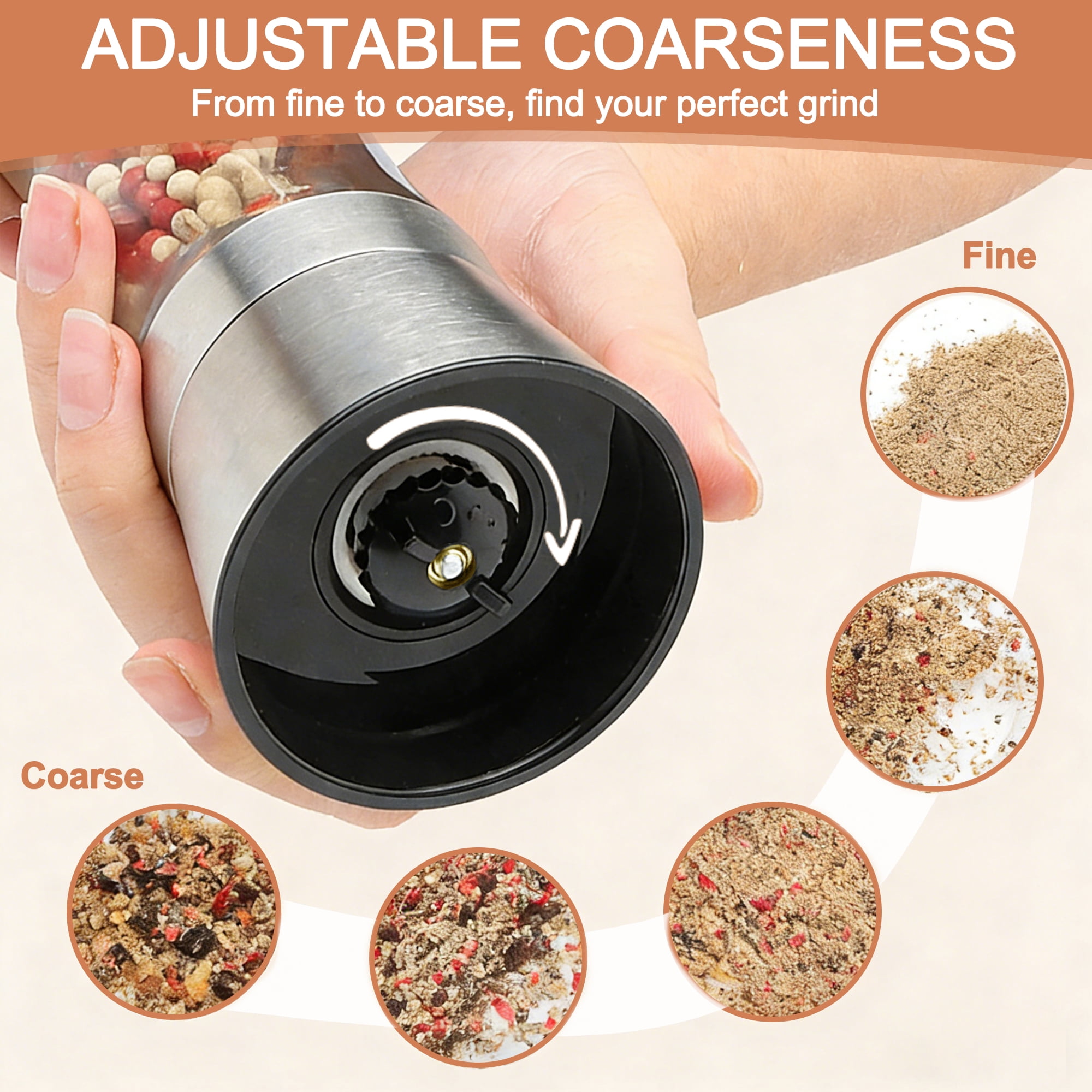 2 Pack Salt and Pepper Grinder Set, Adjustable Coarseness Stainless Steel Spice Mills, Manual Spice Grinders for Sea Salt Black Pepper Spices