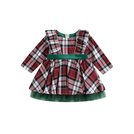 

Toddler Kids Baby Girl Christmas Princess Dress Red Plaid Long Sleeve Lace Dresses Cute Party Pageant Outfit