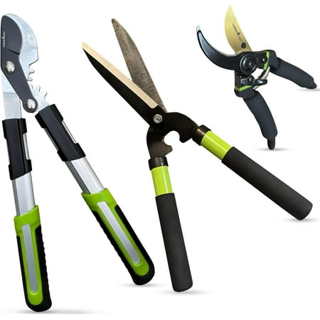 Garden Guru 3-Piece Pruning Shears Set with Bypass Loppers – Heavy Duty Sharp Blades, Comfort Grip Handles for Clean Trimming, Ideal for Hedges, Shrubs, and Branches