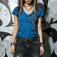 thumbnail image 4 of Women Y2K Grunge Vintage Graphic Tees V-Neck Short Sleeve Slim Fit T-Shirt Emo Clothes for Teen Young Girls 2000s Streetwear Blue Size M, 4 of 8