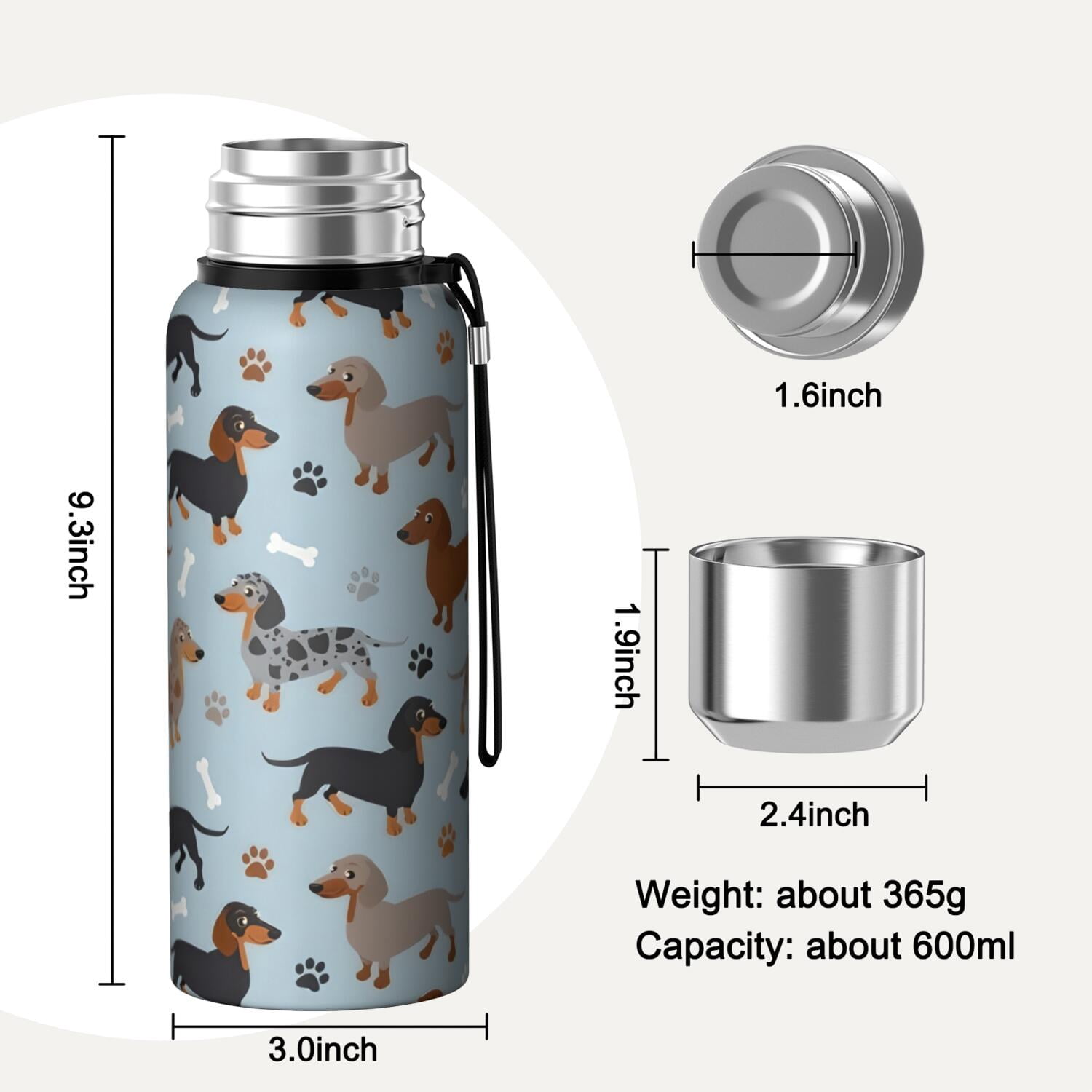 20 Oz Cute Dachshund and Dog Footprint Coffee Tumbler Double Wall Insulated Stainless Steel Water Bottle | Metal Reusable Thermoses Flask with Cup Cap | Leak & Sweat Proof with Anti-Dust Lid