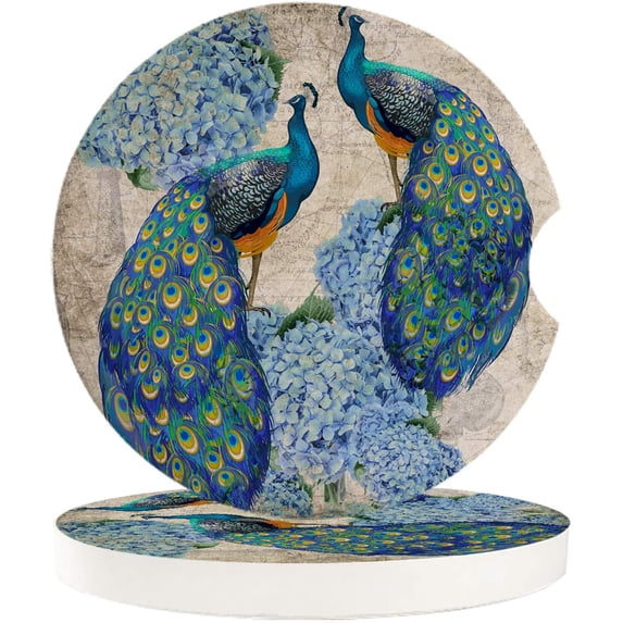FMSHPON Peacock and Hydrangea Vintage Set of 6 Car Coaster for Drinks, Absorbent Ceramic Stone Coasters Cup Mat with Cork Base for Home Kitchen Room Coffee Table Bar Decor