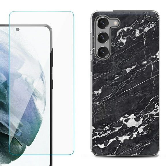 Shockproof Fashion Phone Case for Samsung Galaxy S23 / S23 Plus 5G, with Tempered Glass Screen Protector, by OneToughShield ® - Marble B/W