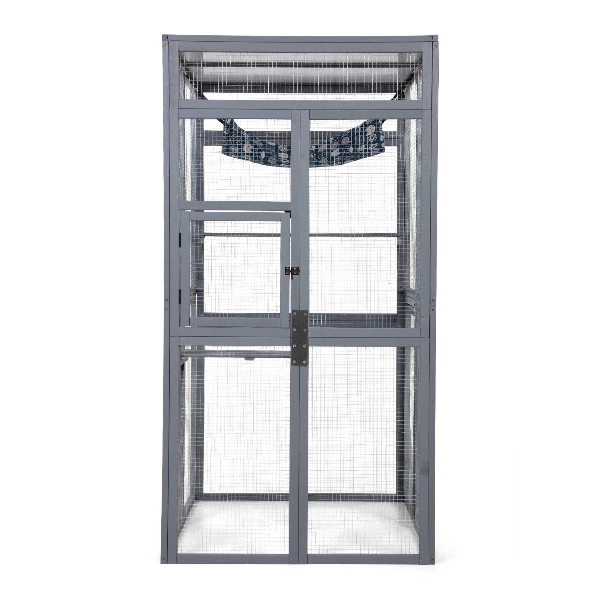 Pefilos 64" Cat House Outdoor Catio Cat Enclosures Wooden Kitty House with Platforms, Waterproof Roof, Hammock, Gray