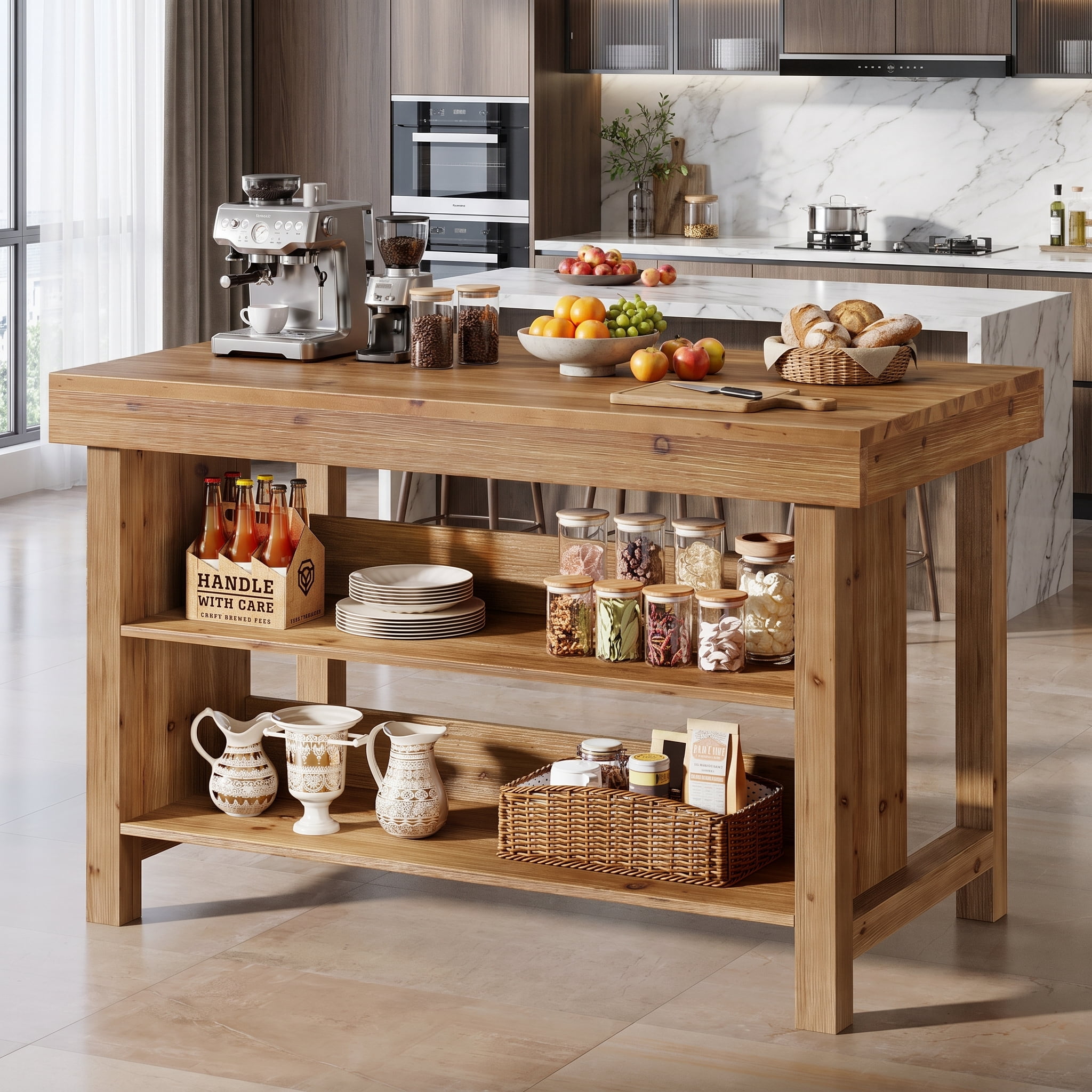 Fnova 55" 3-Tier Solid Wood Kitchen Island with Storage Shelf, Farmhouse Wooden Stationary Island Table with Large Worktop for Kitchen, Dining Room, Brown