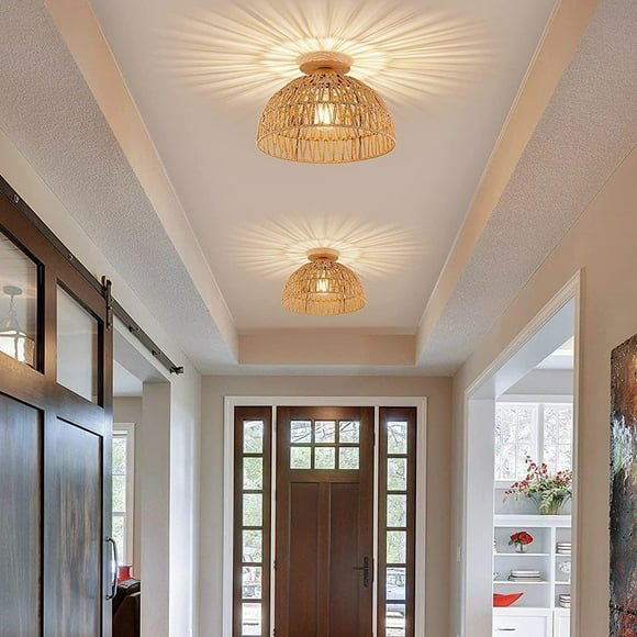 Uklsqma Luminaire de Plafond Bohème en Rotin / Suspension en Corde Tressée à la Main / Design Panier Kaki 12 Po / Lustre Bohème Semi-Monté pour Chambre, Salon, Salle à Manger, Cuisine